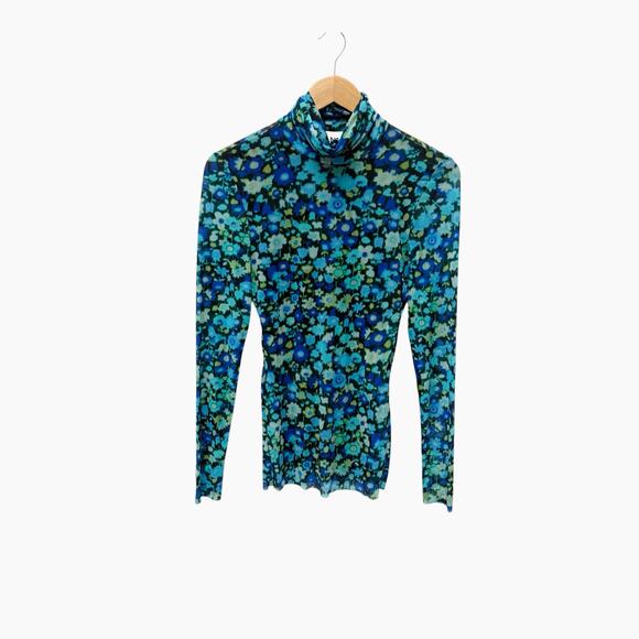 GANNI Mesh Turtle Neck Top‎ Long Sleeves Blue Flower Women’s Size 36 (US 4) - Picture 2 of 9